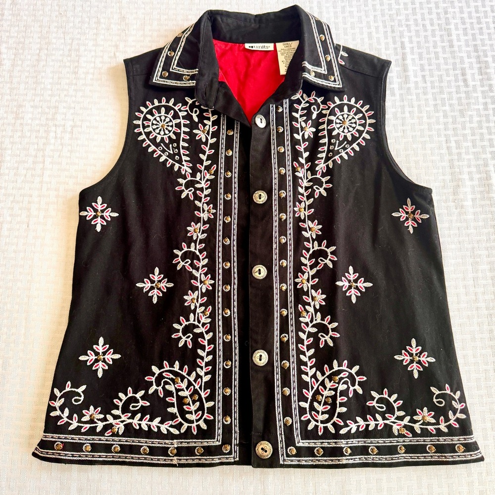 Units Vintage by Chicos Black Cotton Embroidered Western Vest Studded Boho Small
